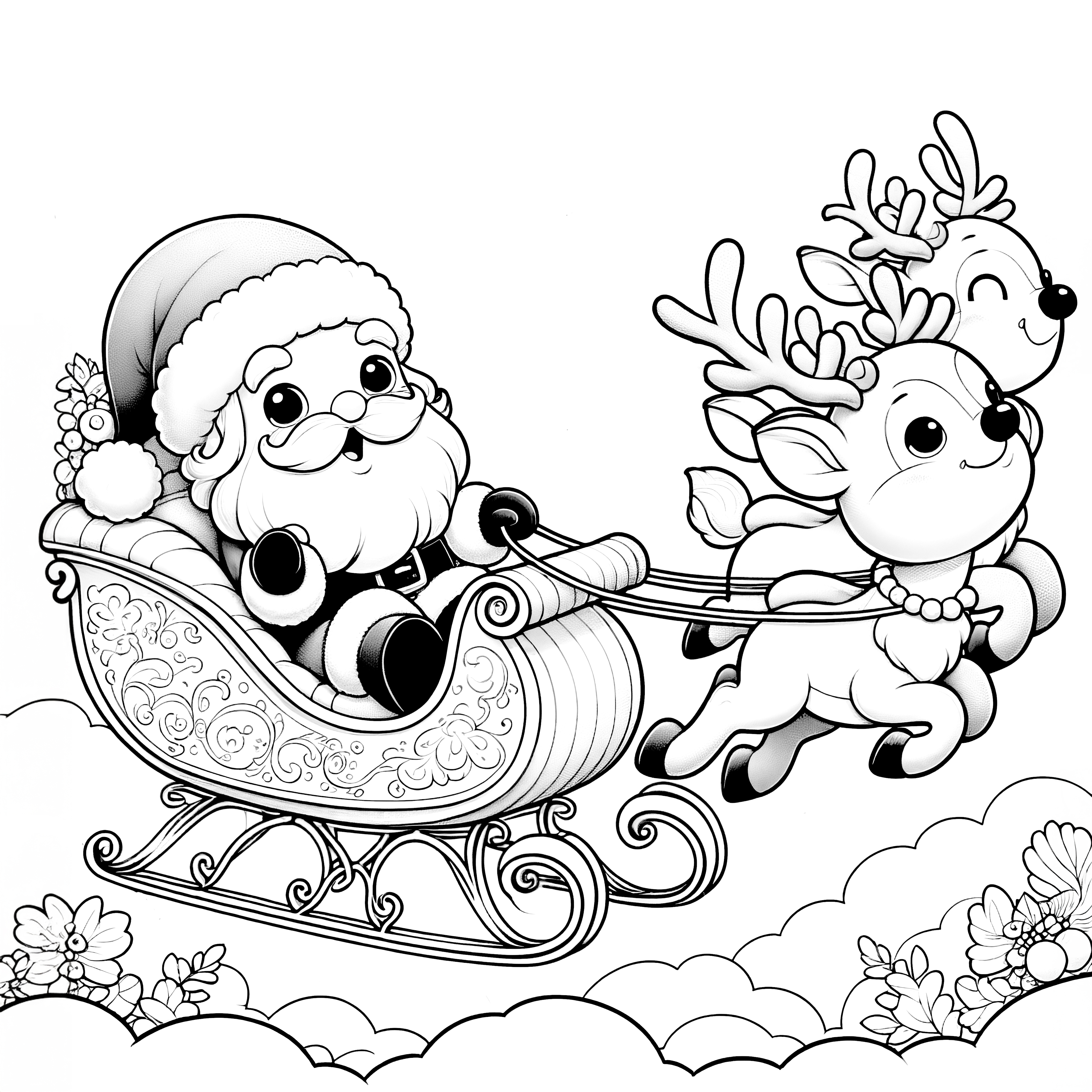 Santa Claus with sleigh and reindeer coloring picture