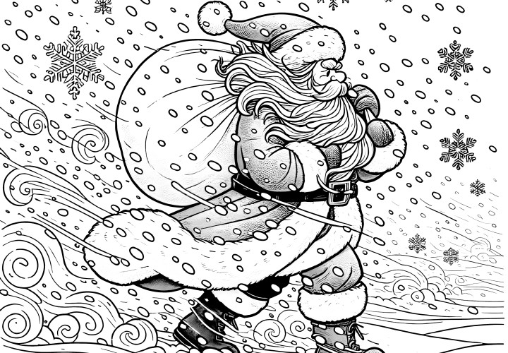 Kleurplaat: Kerstman in een sneeuwstorm