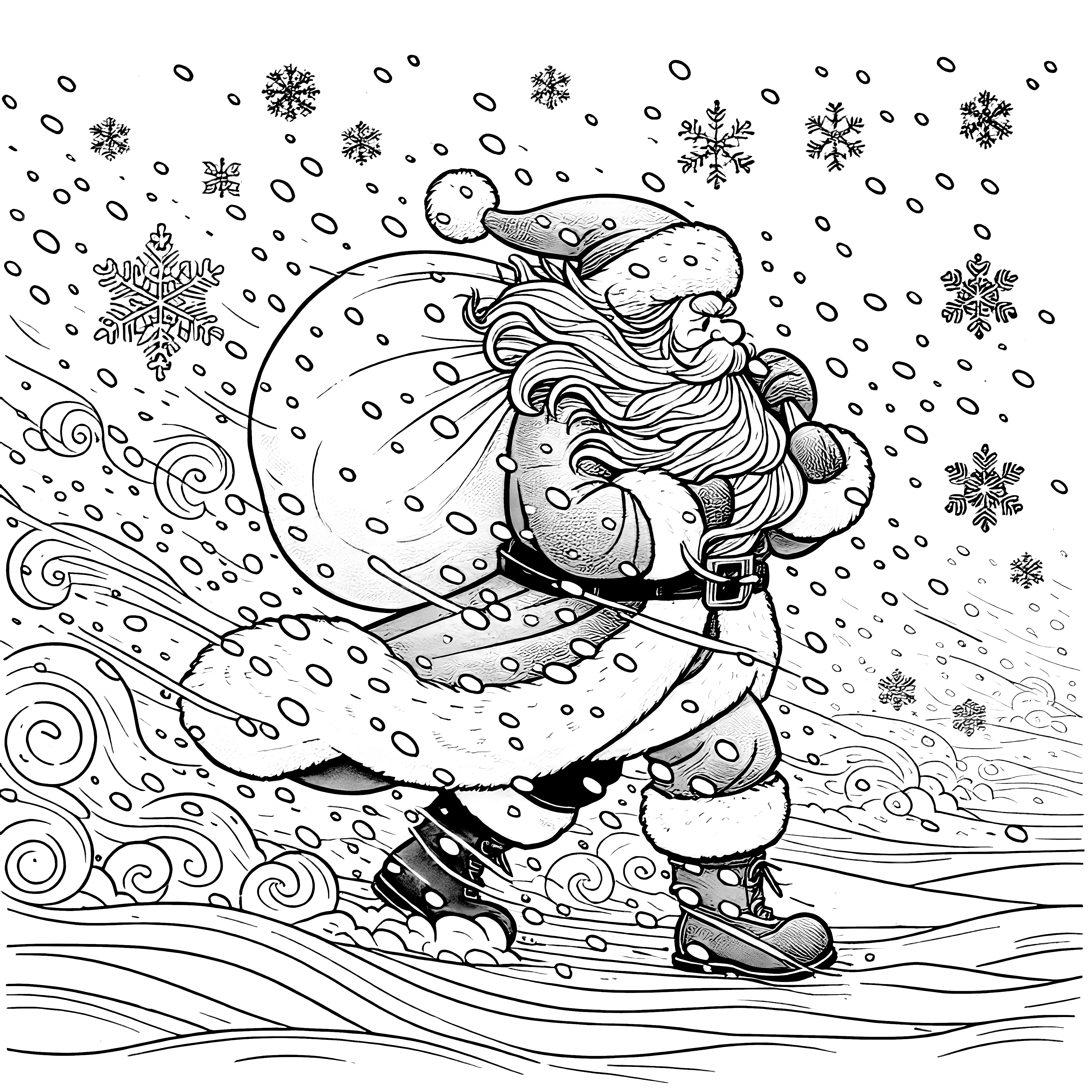 Kleurplaat: Kerstman in een sneeuwstorm