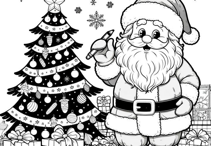 Père Noël avec des cadeaux et sapin de Noël (coloriage)