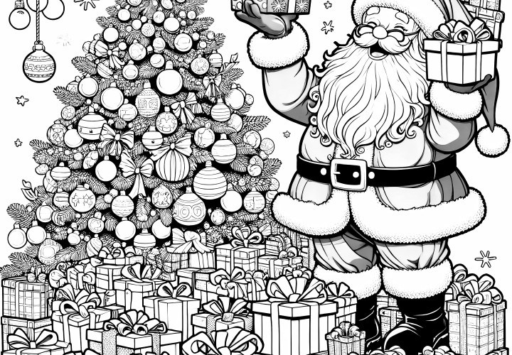 Santa Claus, many gifts & Christmas tree (coloring page)