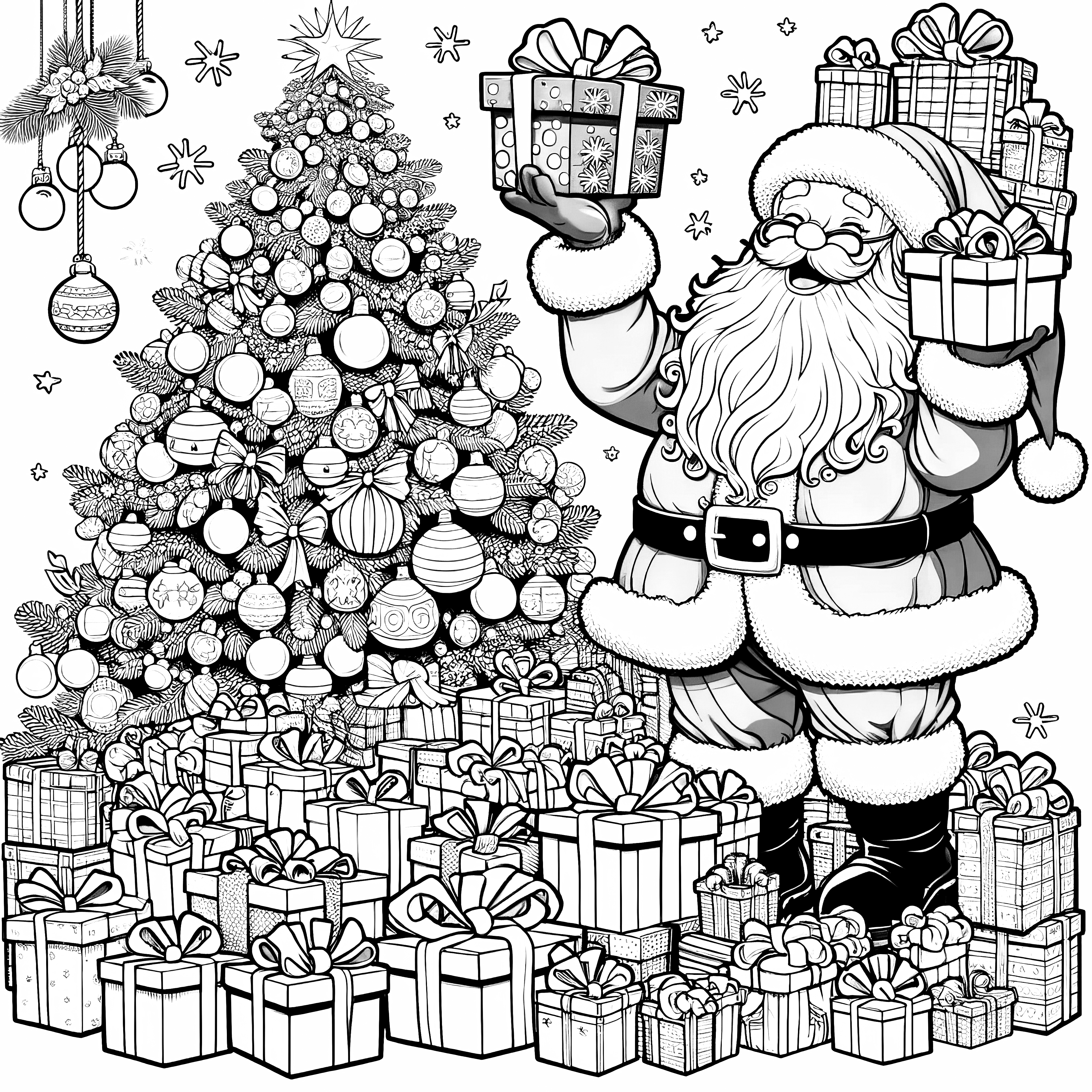 Père Noël, beaucoup de cadeaux & sapin de Noël (coloriage)