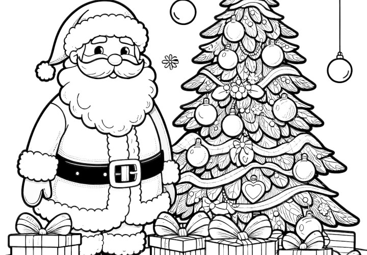 Père Noël, cadeaux, sapin : coloriage simple