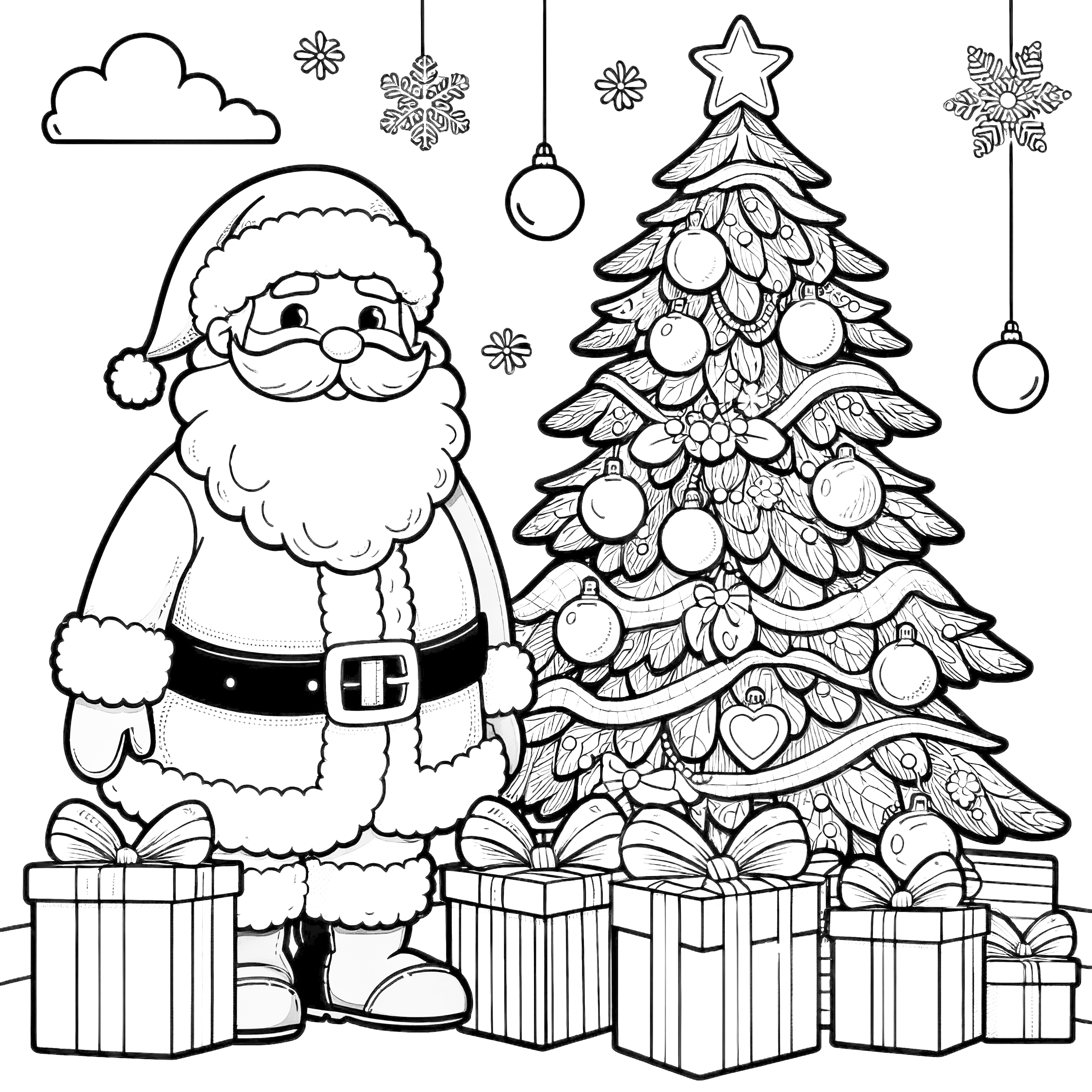 Santa Claus, presents, Christmas tree: simple coloring page