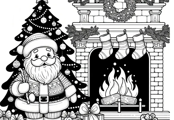 Santa Claus by the fireplace in front of the Christmas tree (coloring picture)