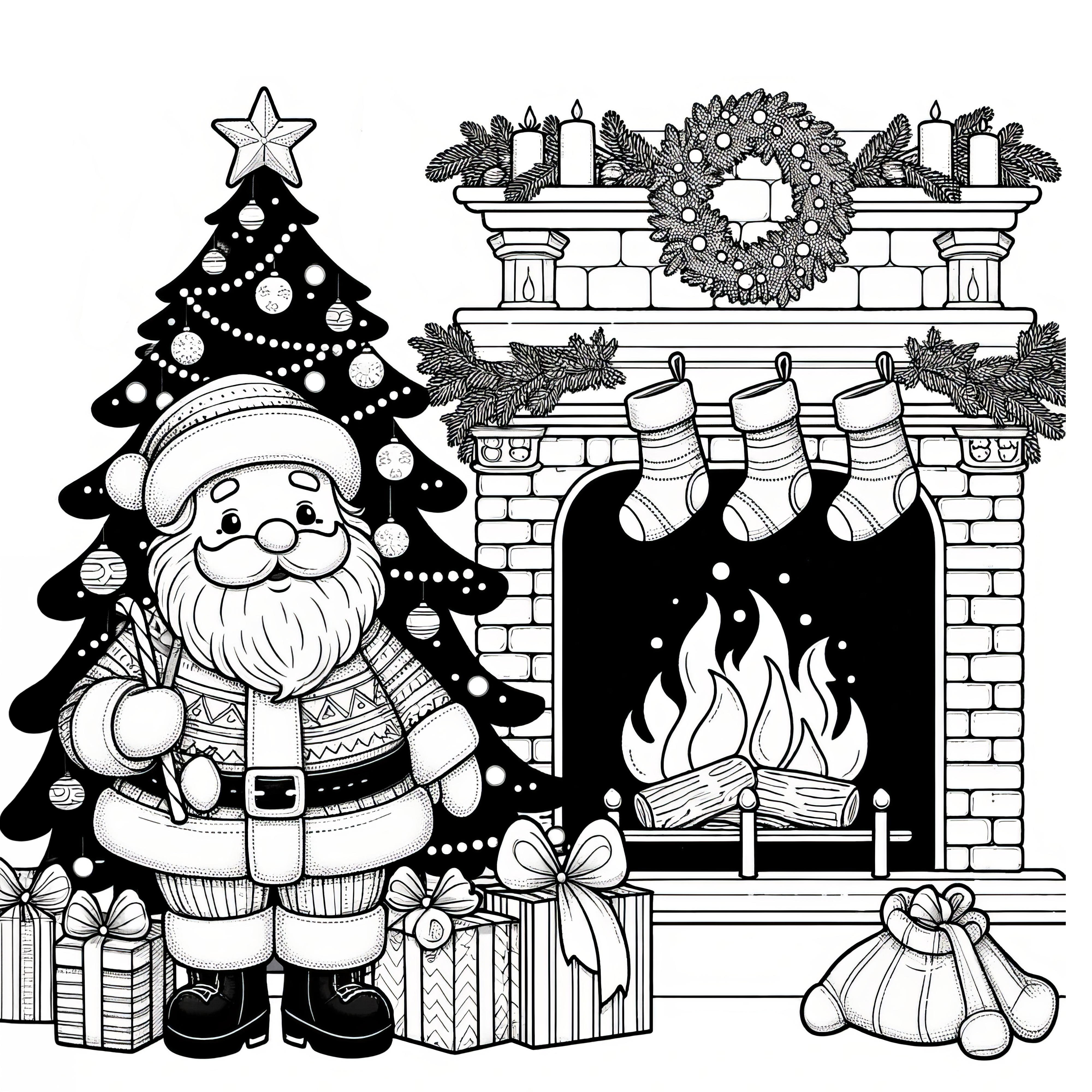 Santa Claus at the fireplace in front of the Christmas tree (coloring picture)