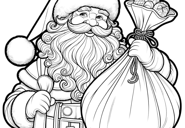 Smiling Santa Claus with sack (free coloring picture)