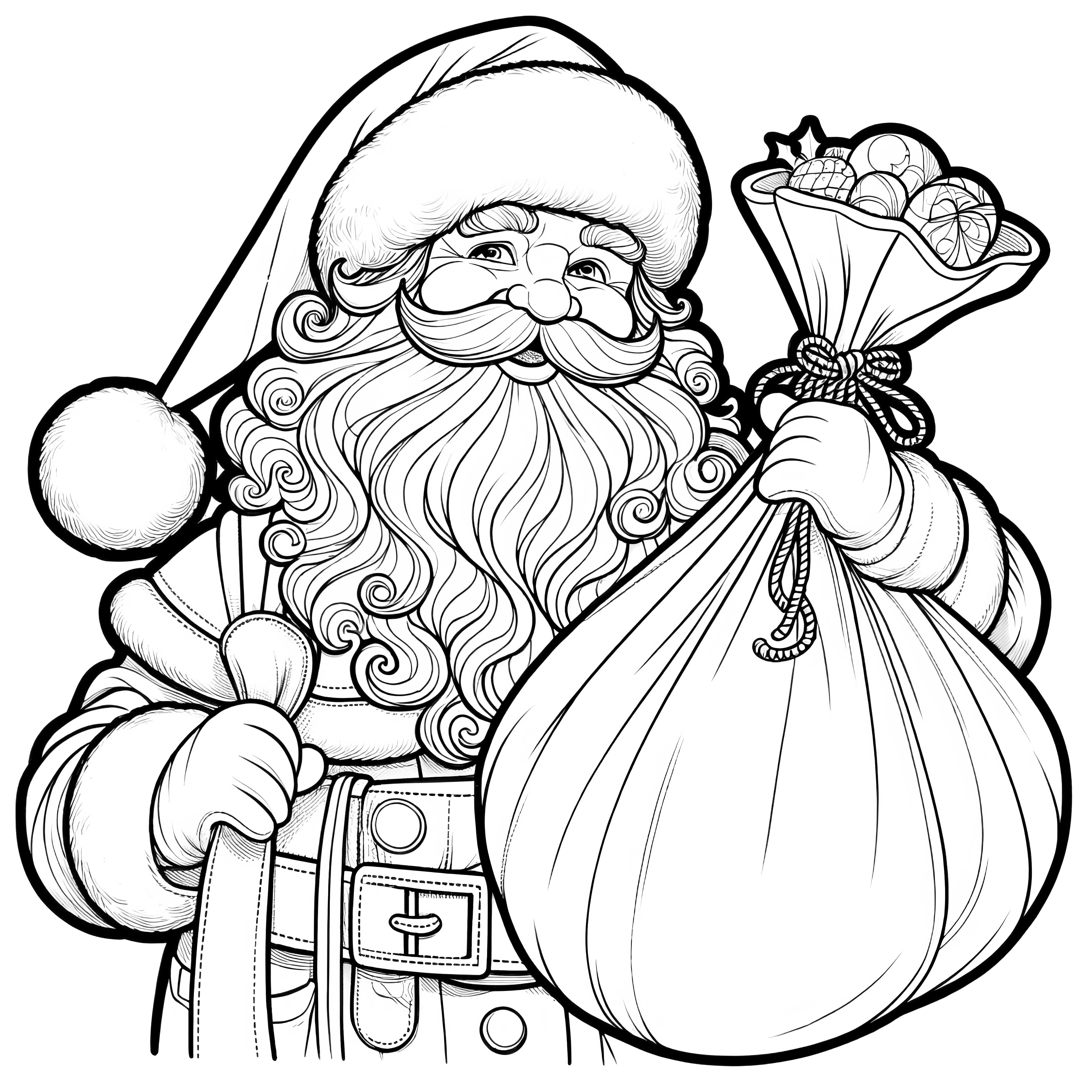 Smiling Santa Claus with sack (free coloring picture)