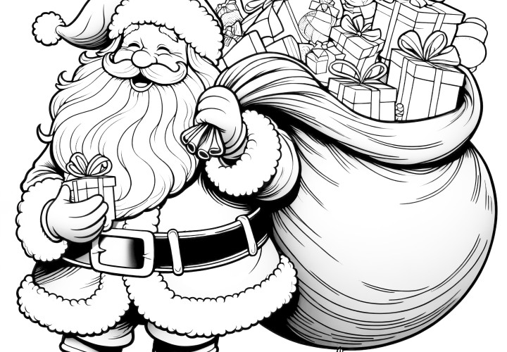 Père Noël avec un sac plein de cadeaux : coloriage gratuit