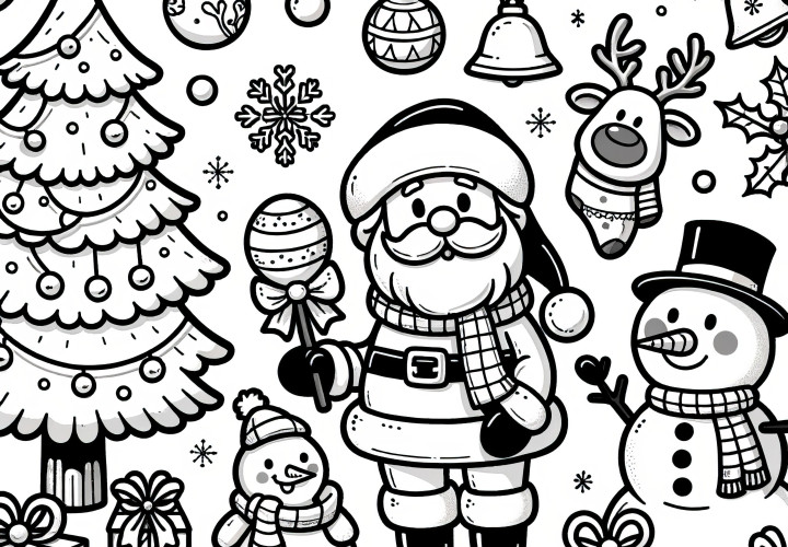 Pai Natal, boneco de neve, árvore de Natal: imagem simples para colorir