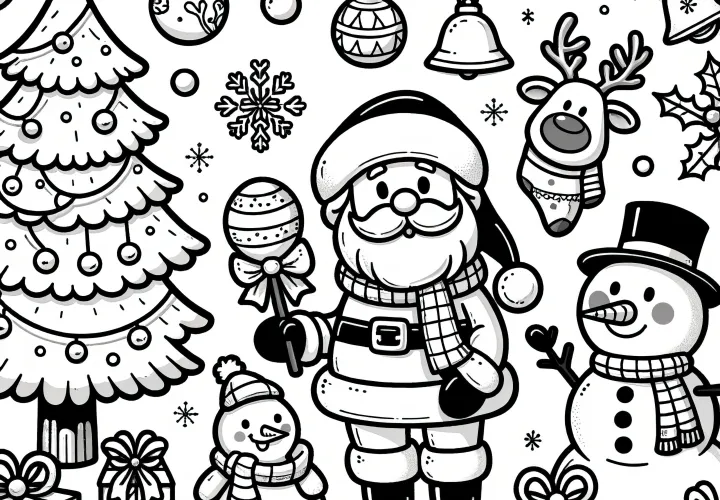 Santa Claus, snowman, fir tree: simple coloring picture