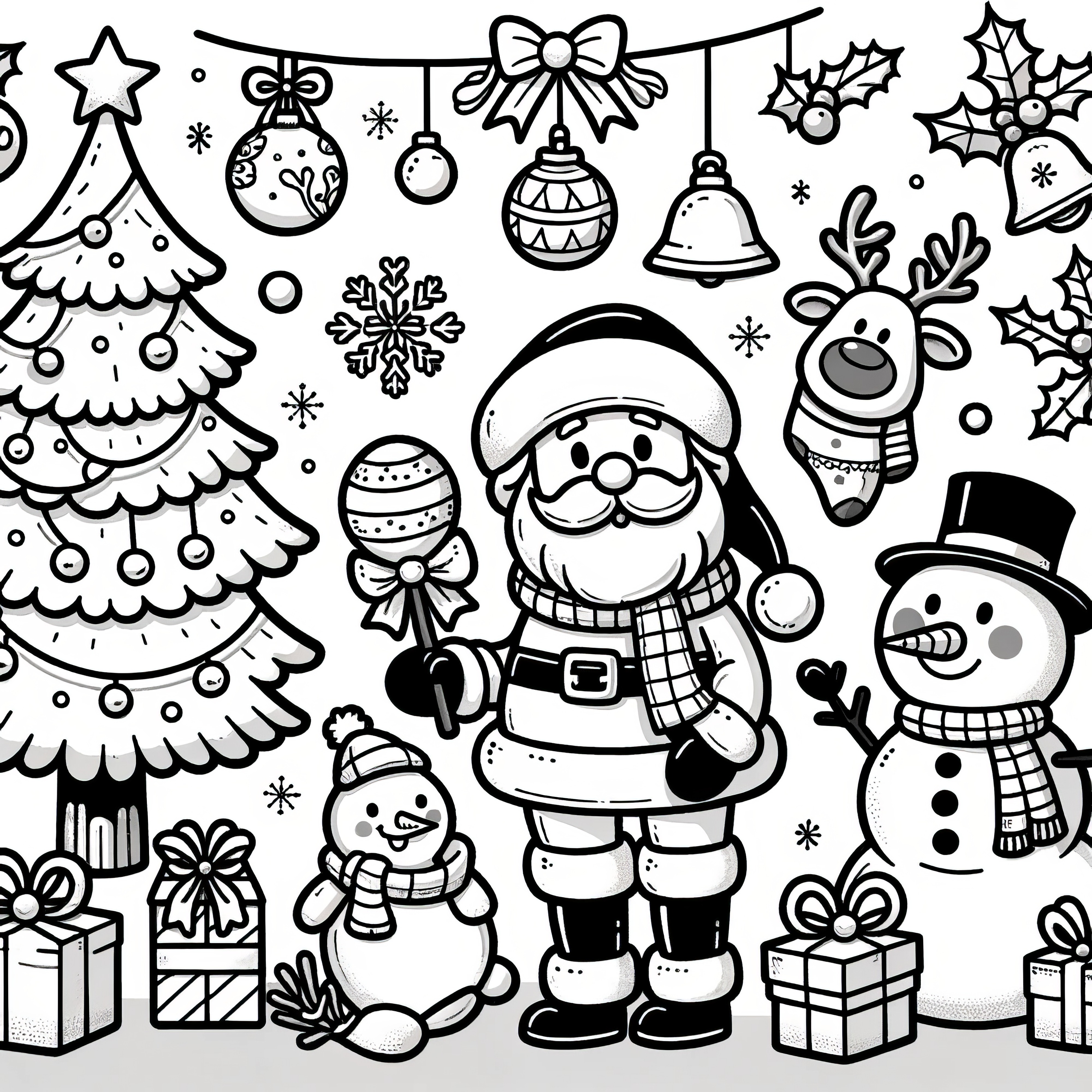 Santa Claus, snowman, fir tree: simple coloring picture