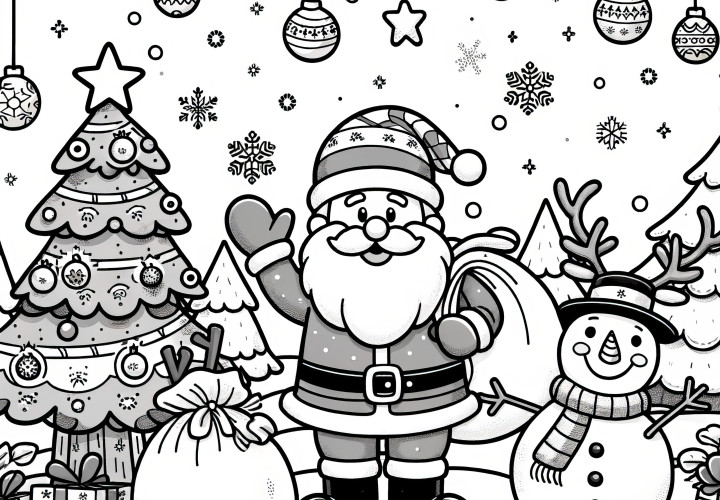 Santa Claus, snowman, fir tree: simple coloring template