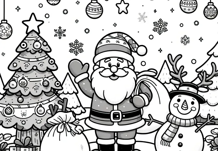 Père Noël, bonhomme de neige, sapin : modèle de coloriage simple