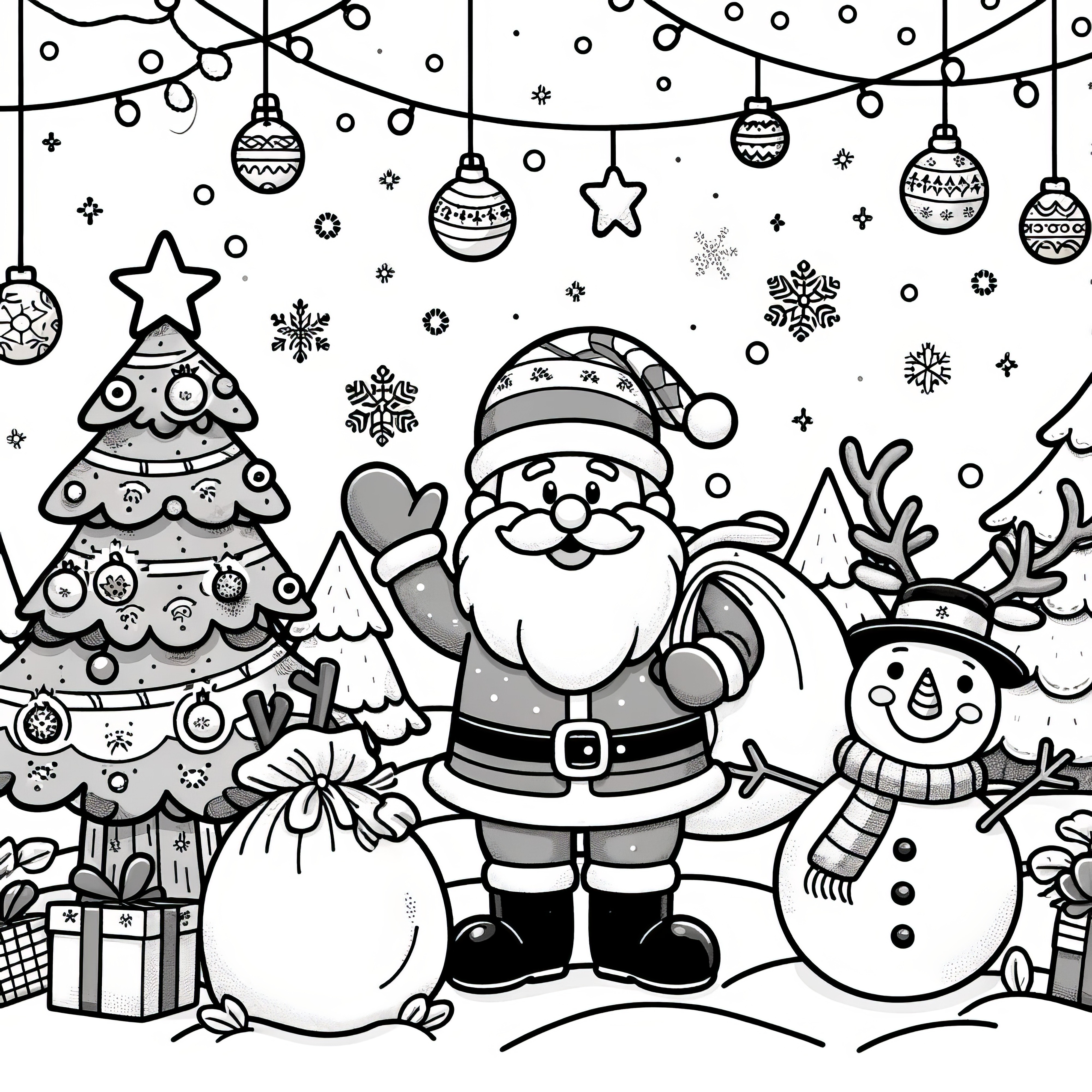 Santa Claus, snowman, Christmas tree: simple coloring template