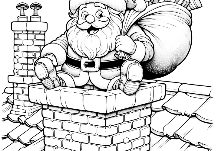 Santa Claus at the chimney with presents (coloring picture)