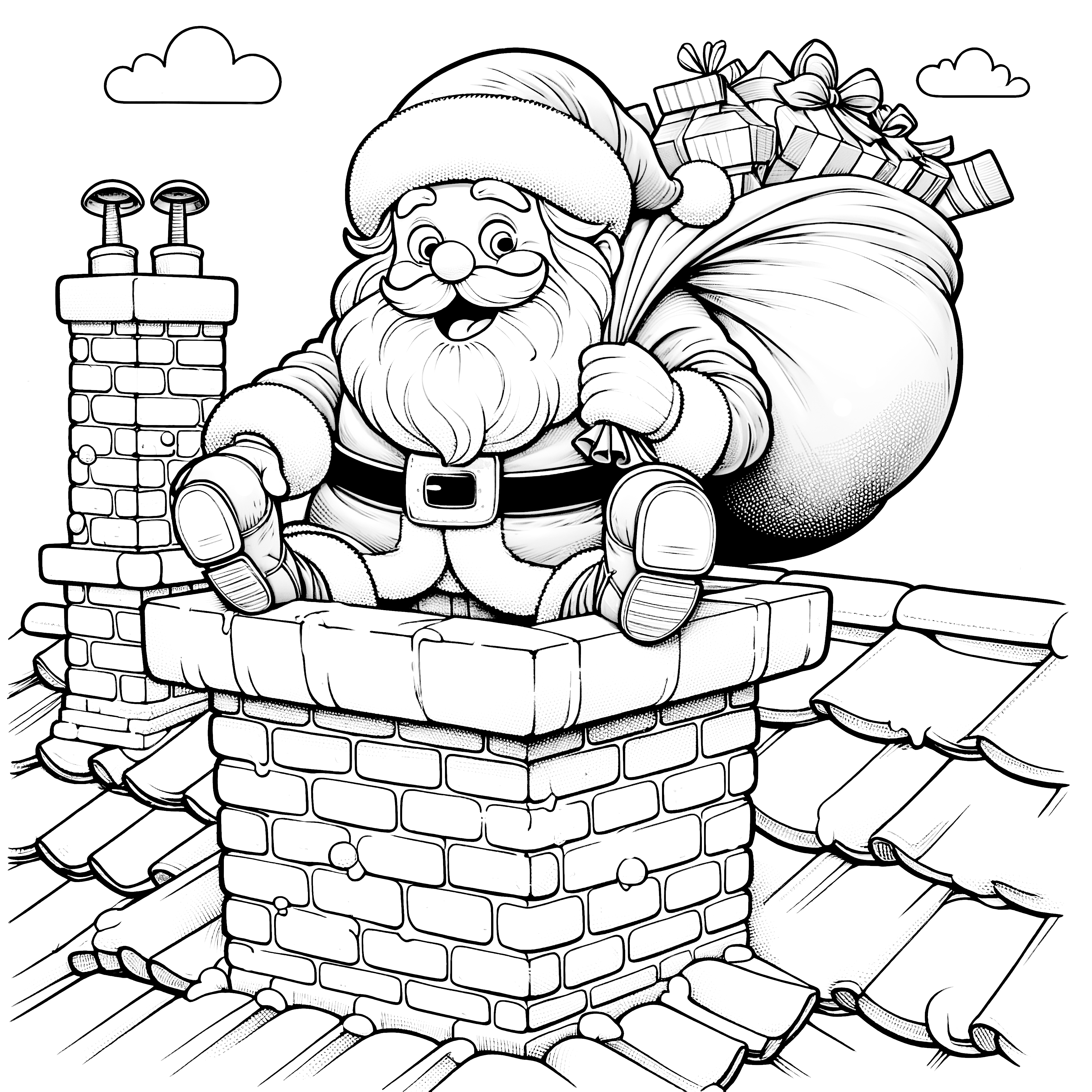 Santa Claus on the chimney with presents (coloring picture)