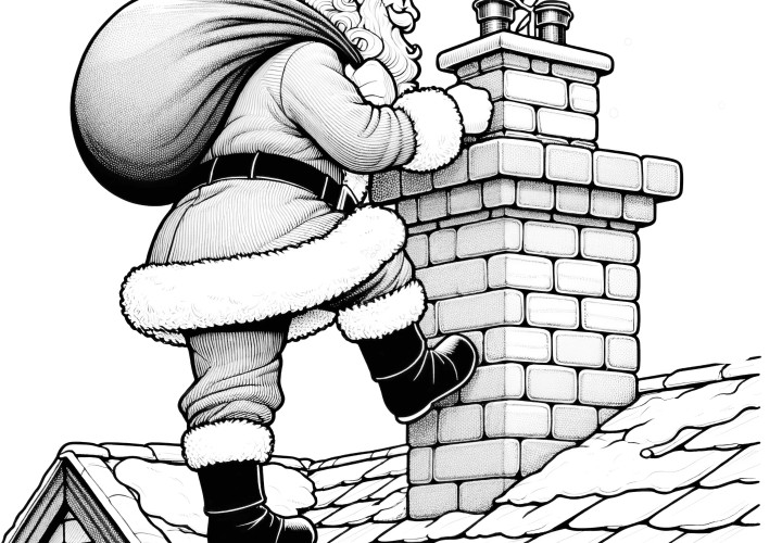 Santa Claus at the chimney with a sack of presents (coloring page)