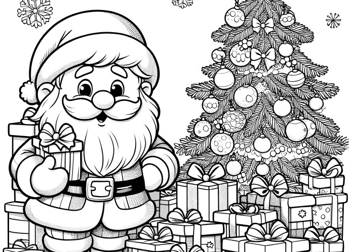 Pai Natal e árvore de Natal: imagem para colorir