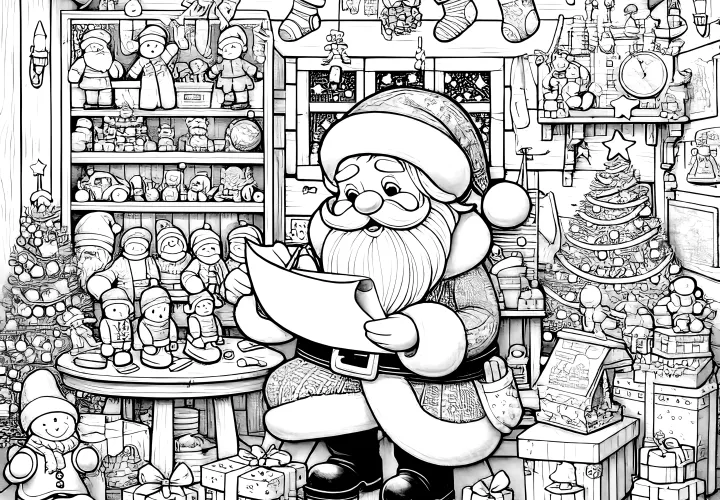 Santa Claus with lots of presents: free coloring page