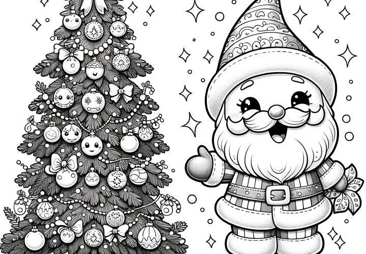 Santa Claus, Christmas tree & gifts (coloring page)