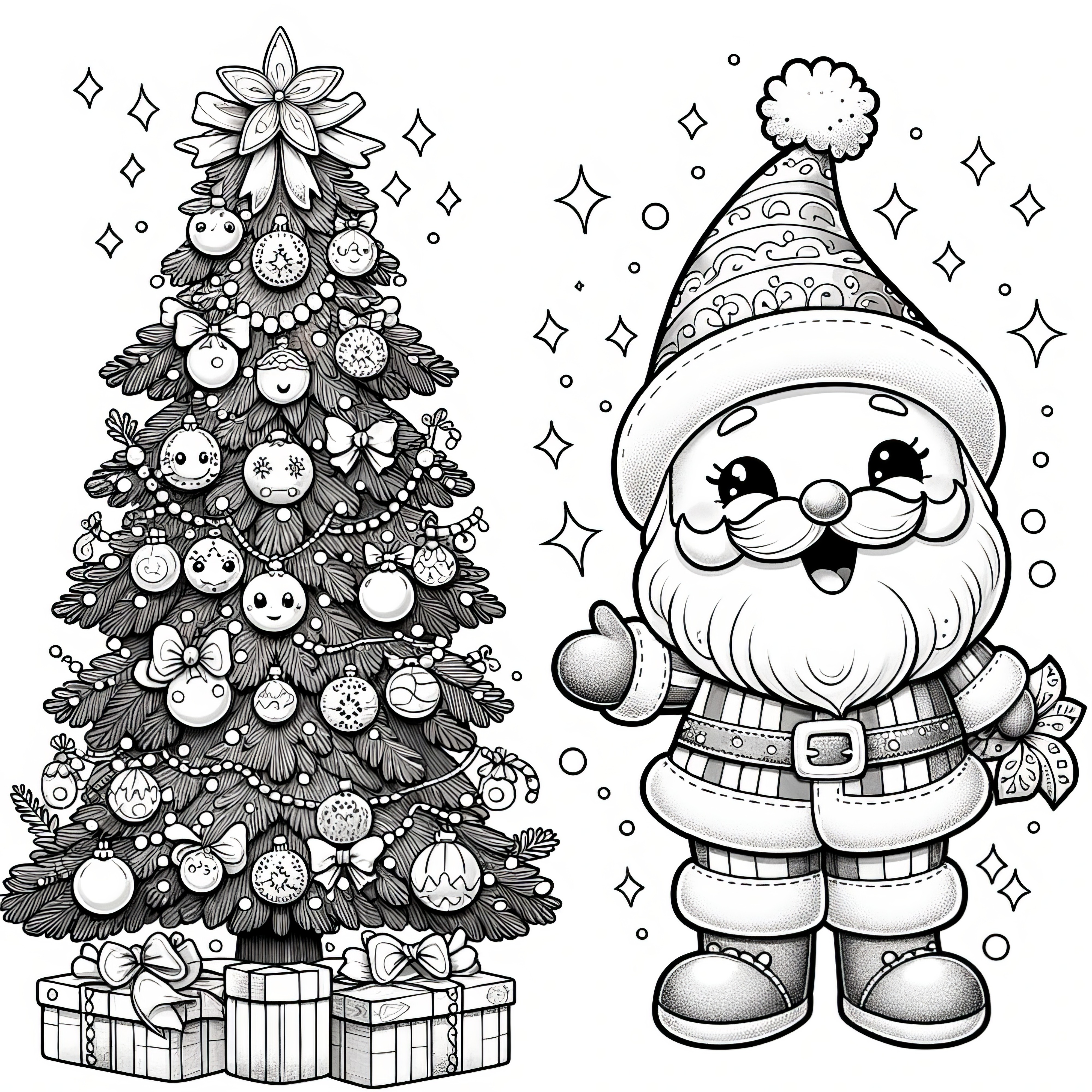 Santa Claus, Christmas tree & gifts (coloring page)