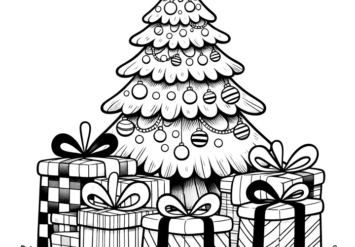 Festive Christmas tree with presents: Coloring page