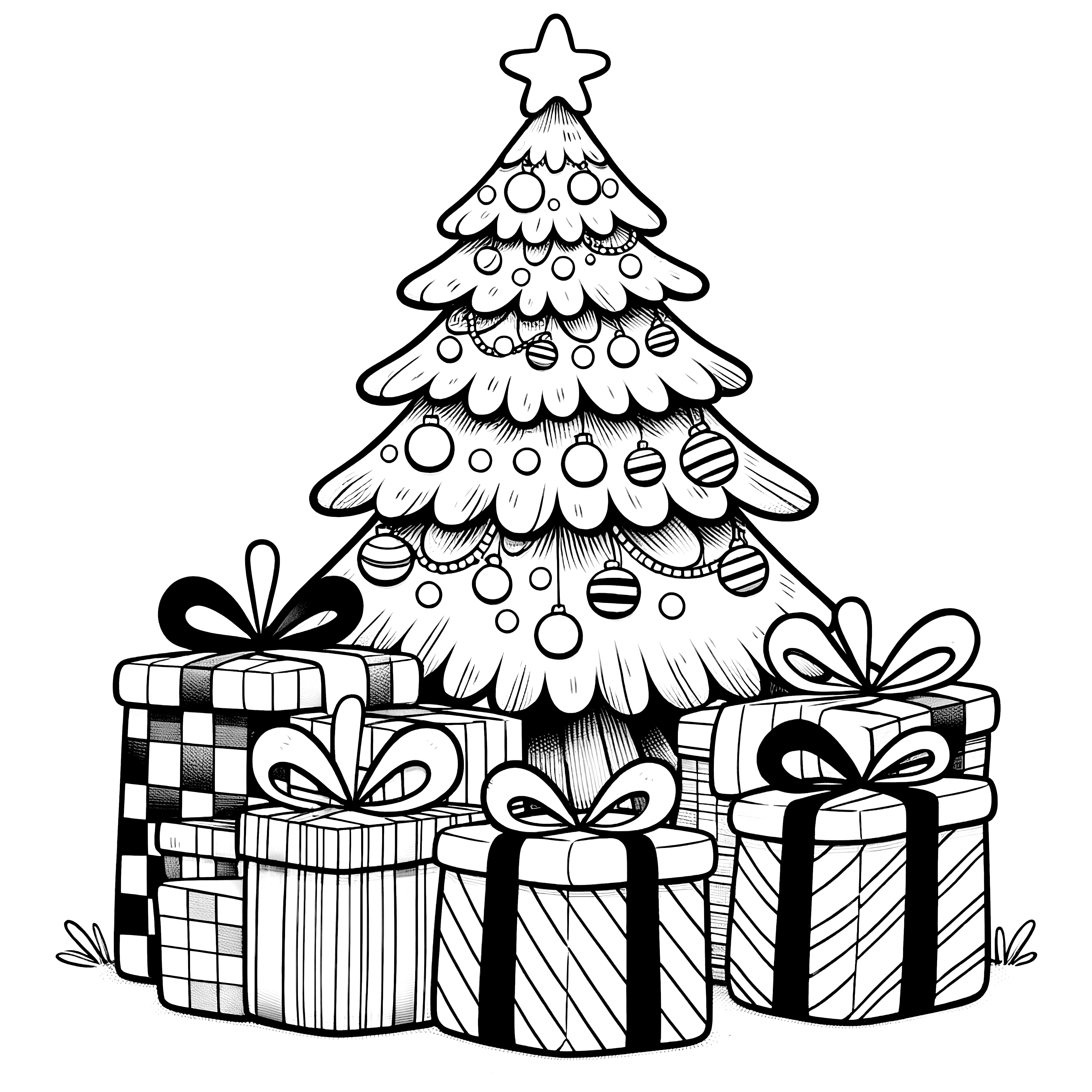 Christmas tree adorned with gifts - coloring picture