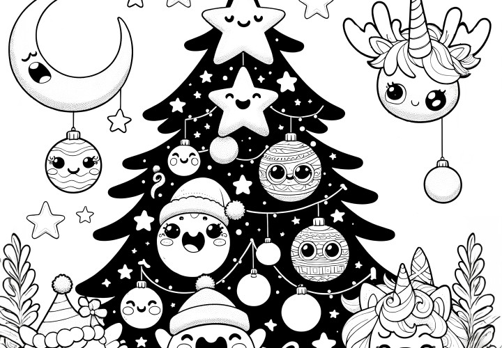 Christmas tree with animals to color in