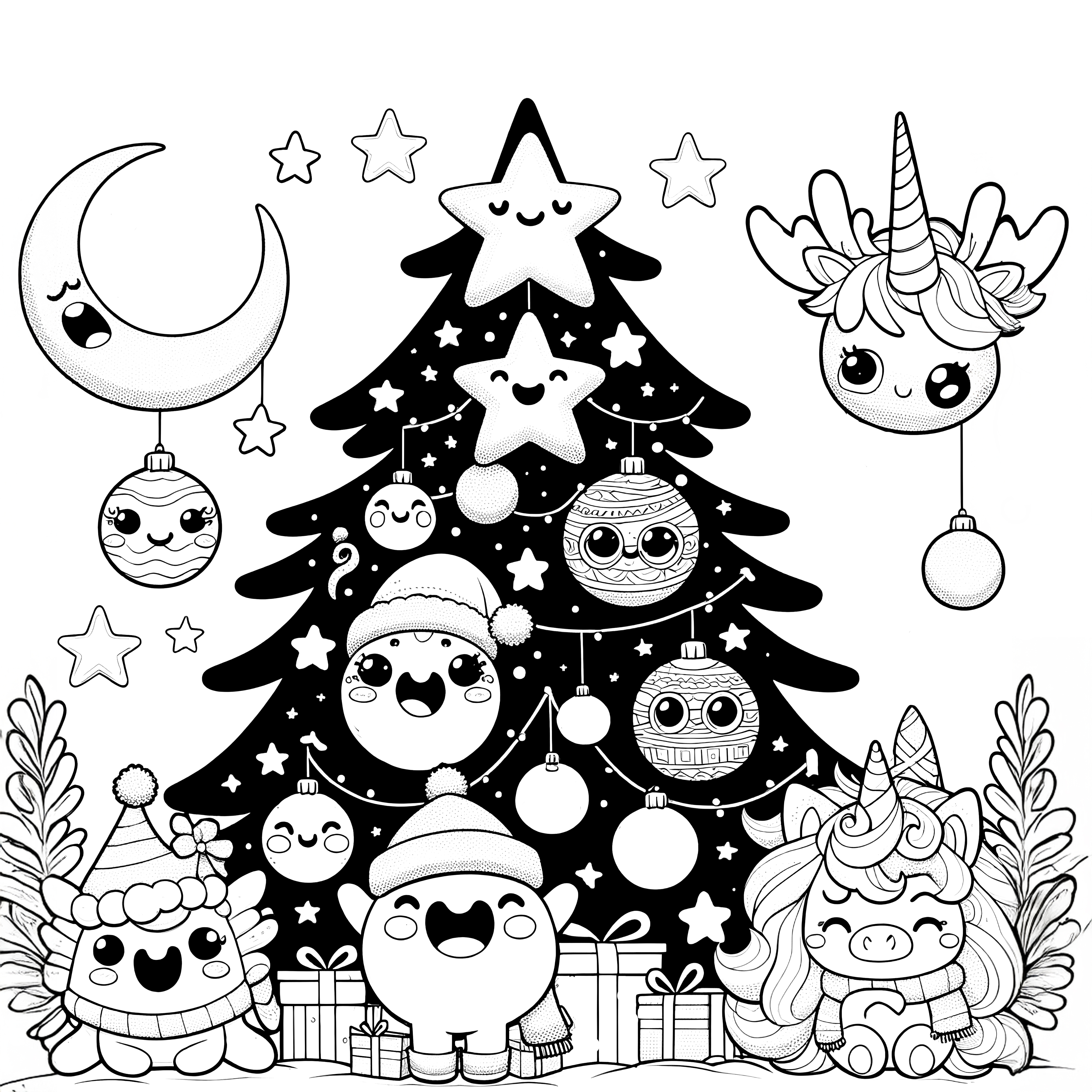 Christmas tree with animals to color in