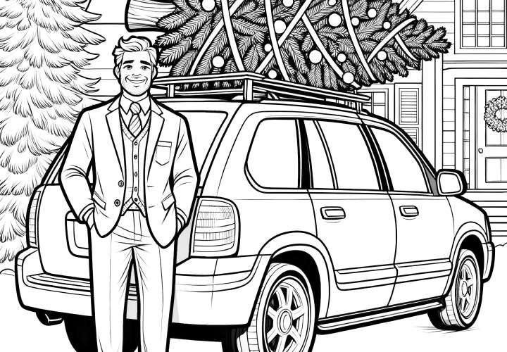 Árvore de Natal num carro - página para colorir grátis