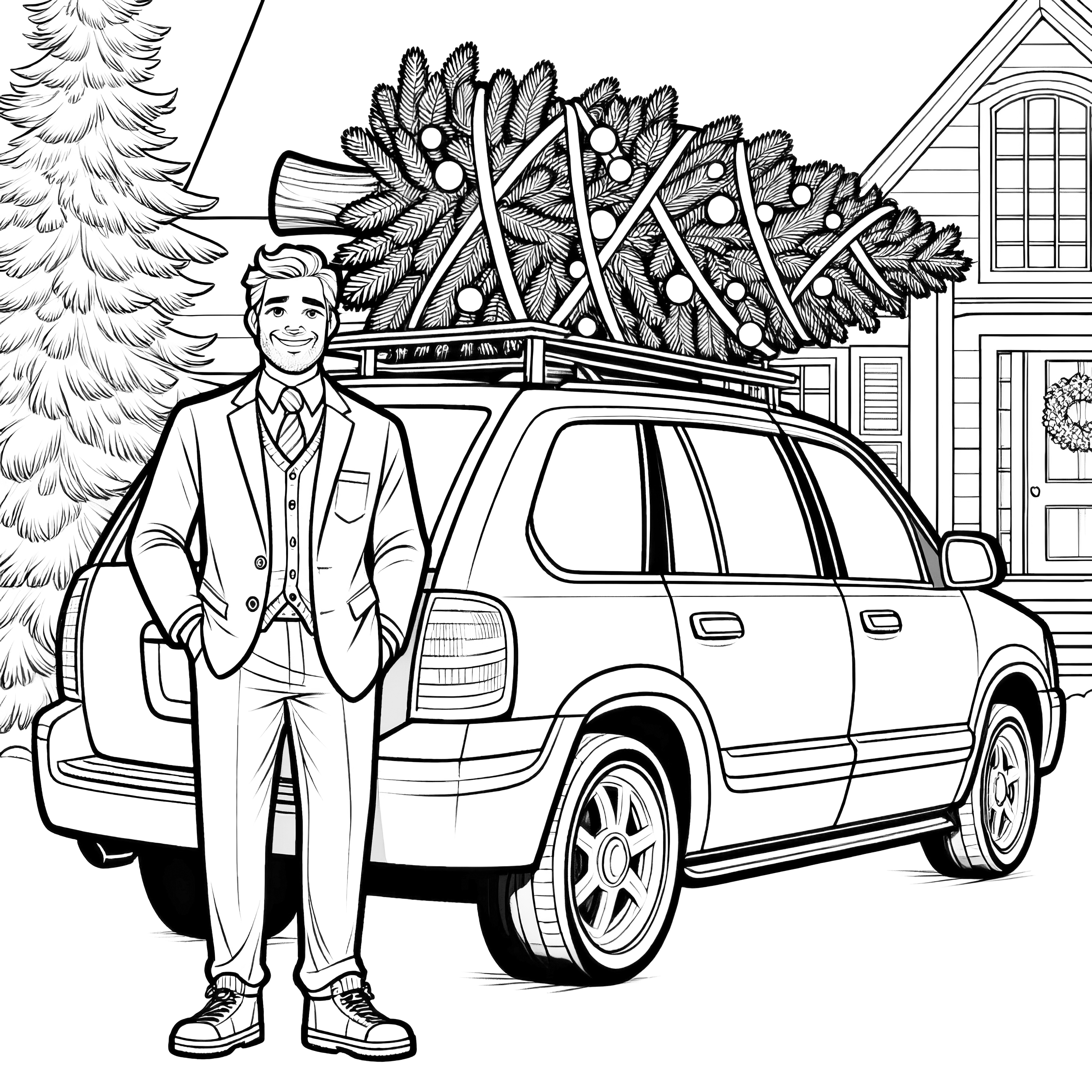 Sapin de Noël sur une voiture - modèle de coloriage gratuit