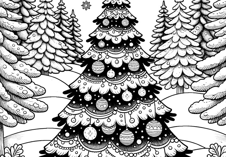 Sapin de Noël décoré avec des boules de Noël (coloriage)