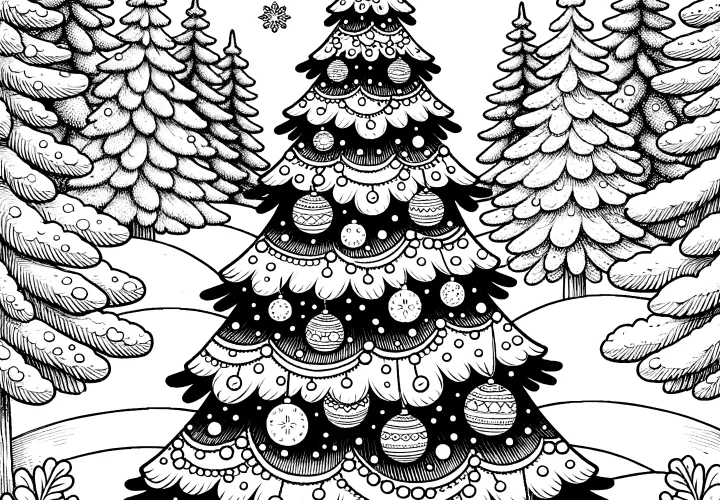 Christmas tree decorated with Christmas baubles (coloring picture)