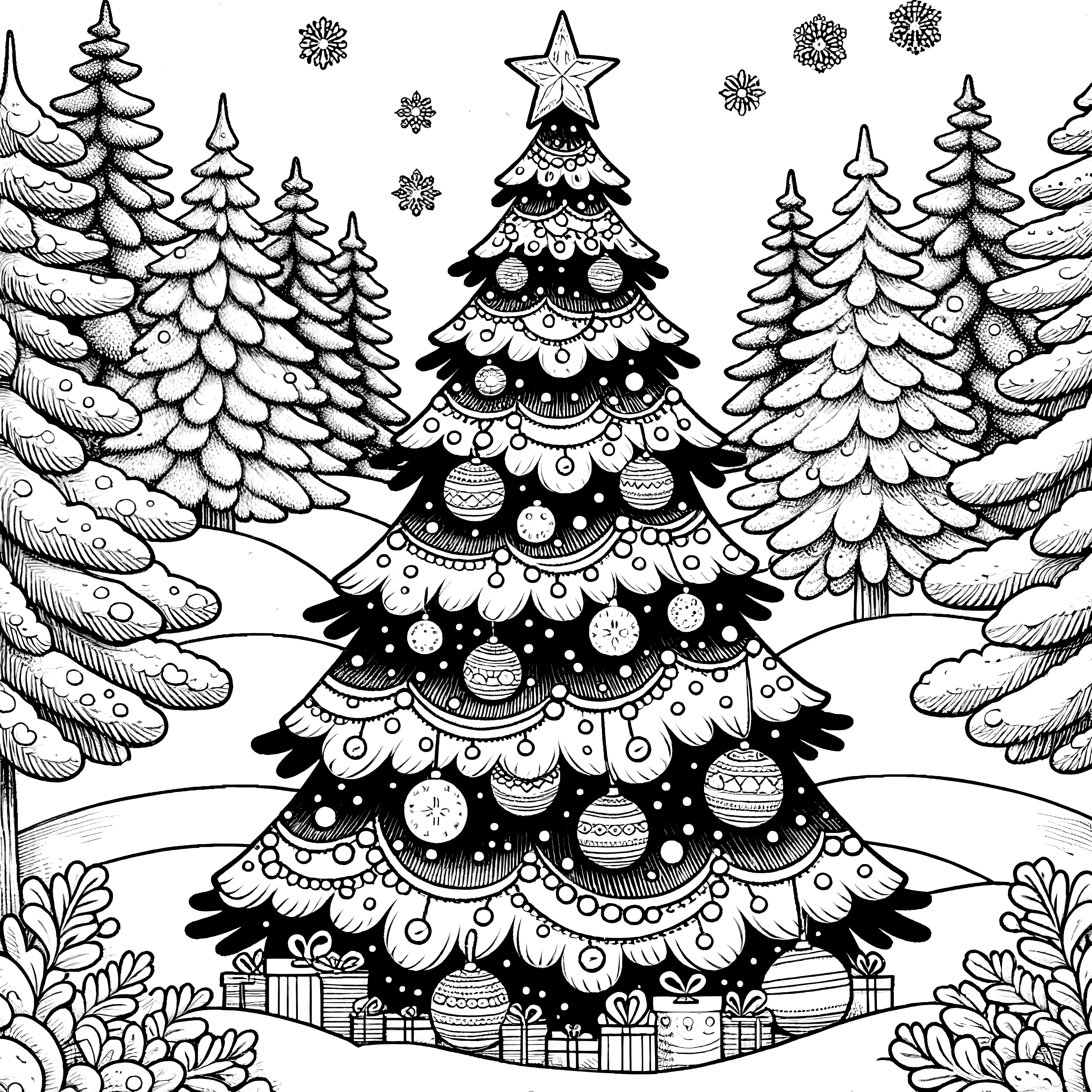 Sapin de Noël décoré avec des boules de Noël (image à colorier)