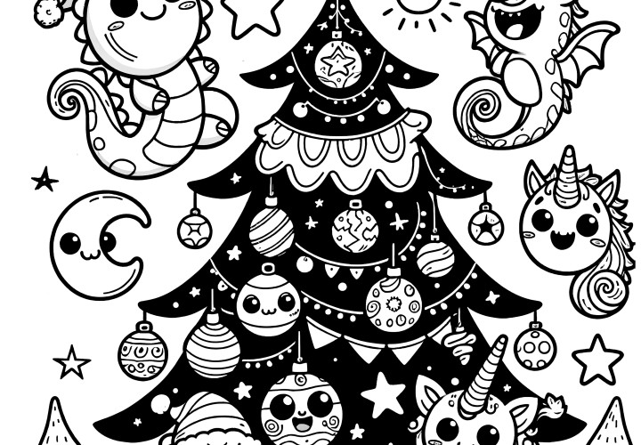 Sapin de Noël avec lune, étoiles et boules (coloriage)