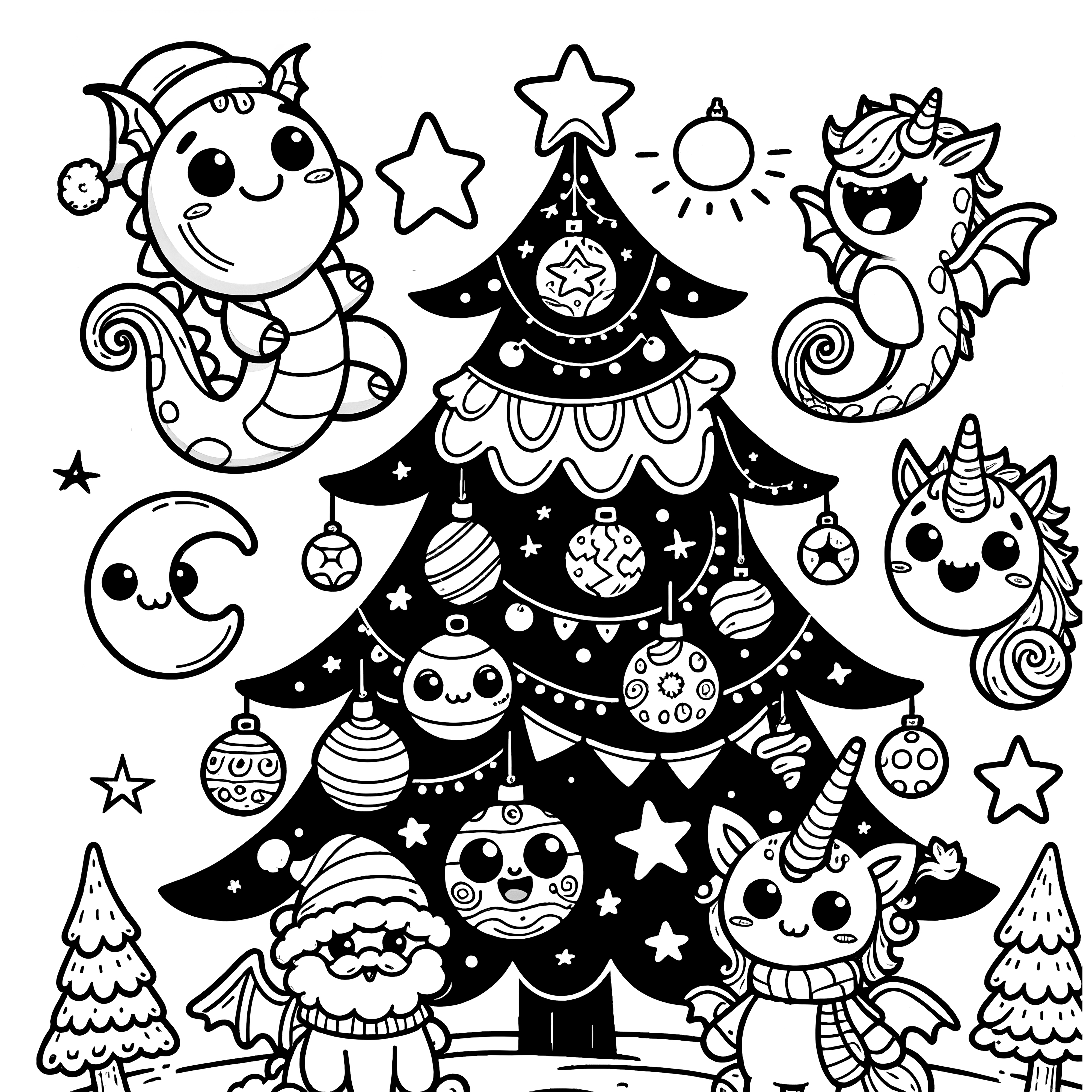 Christmas tree with moon, stars & balls (coloring picture)