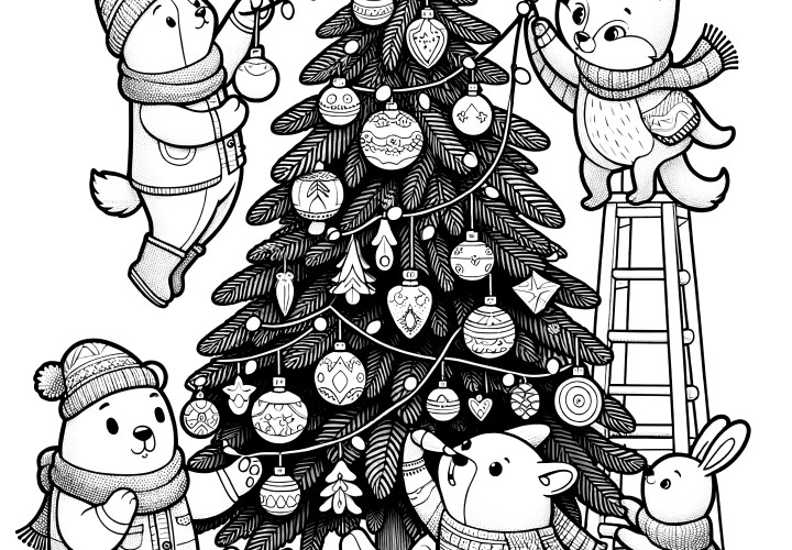 Sapin de Noël avec des animaux - coloriage gratuit