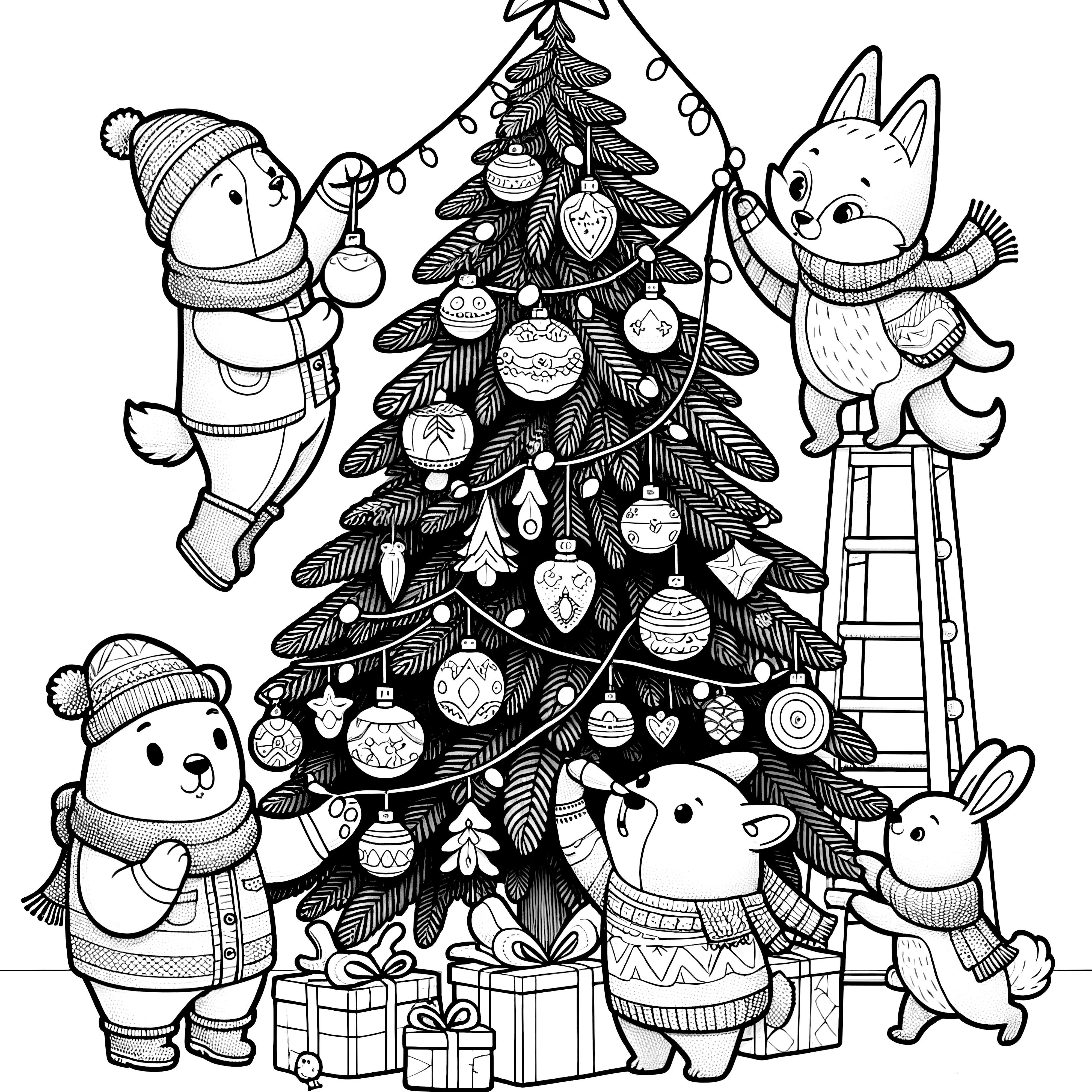 Christmas tree with animals - free coloring page