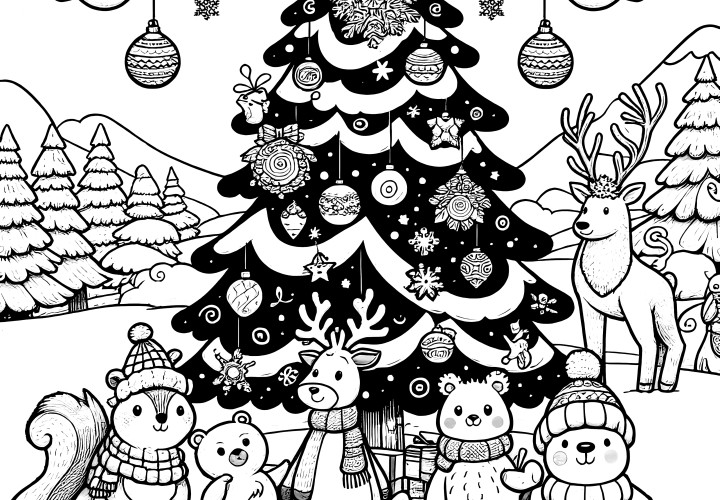 Sapin de Noël avec animaux et boules de Noël (coloriage)