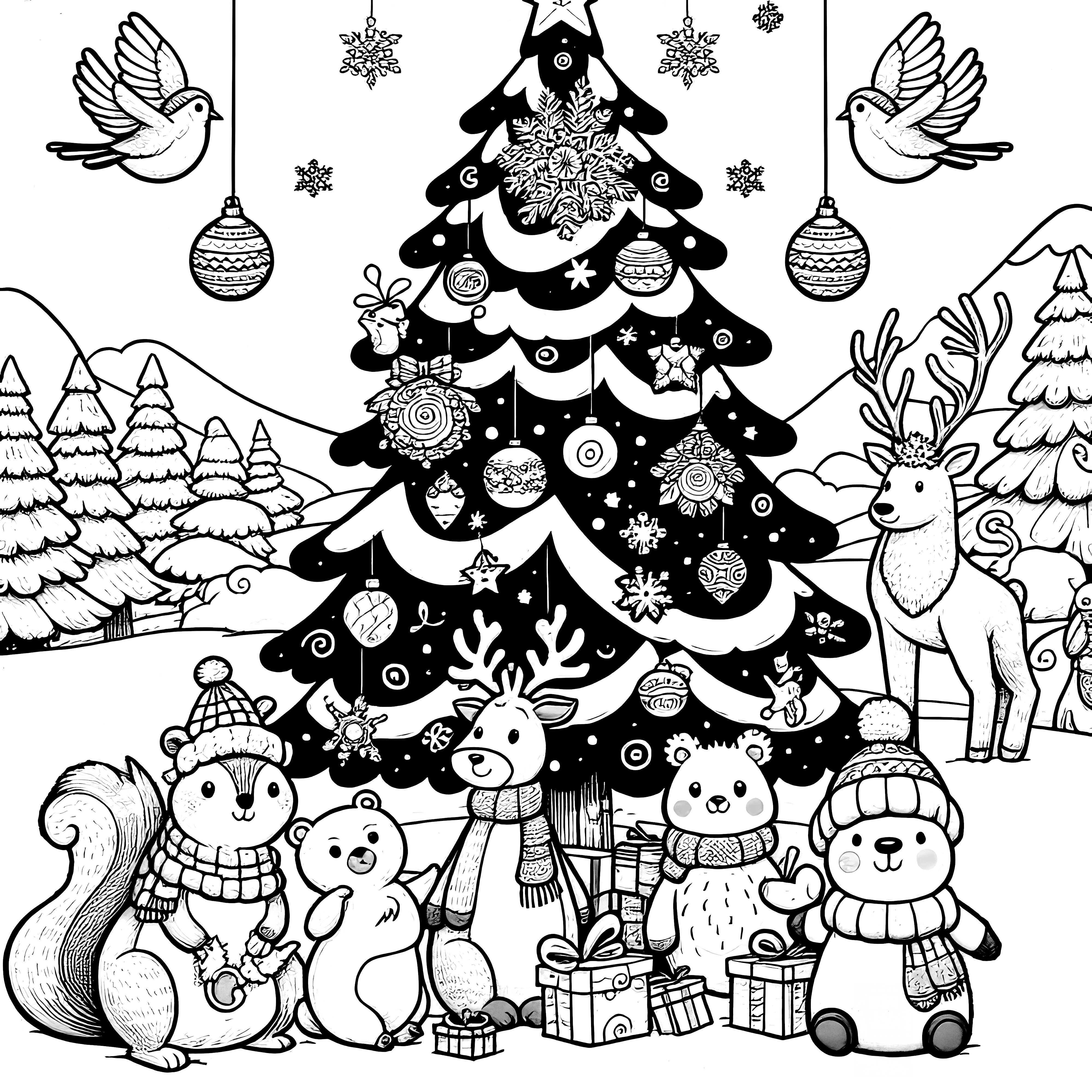 Sapin de Noël avec animaux & boules de Noël (coloriage)