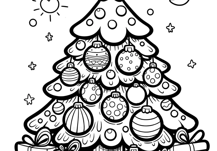 Simple coloring page: Christmas tree with Christmas balls