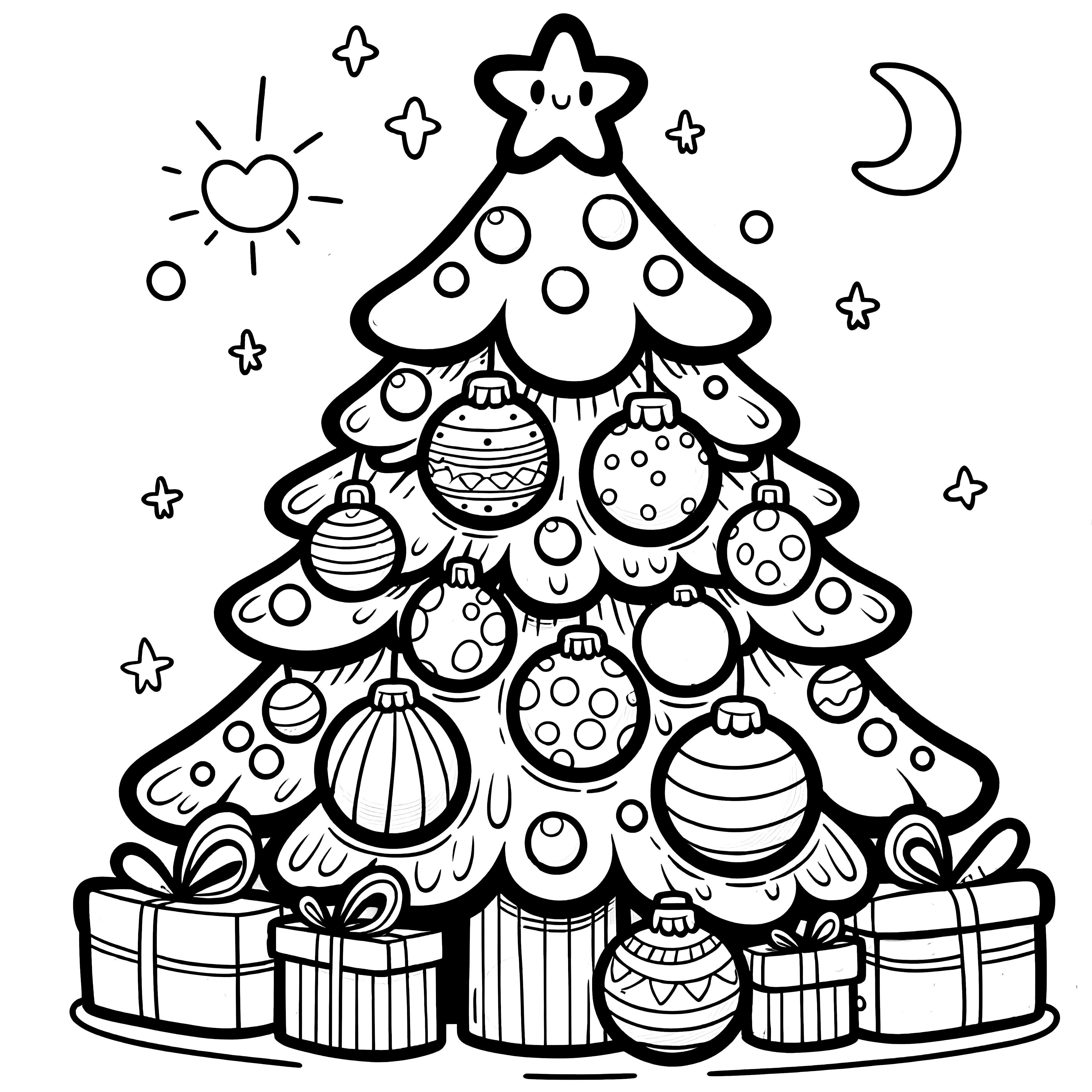 Simple coloring picture: Christmas tree with Christmas ornaments