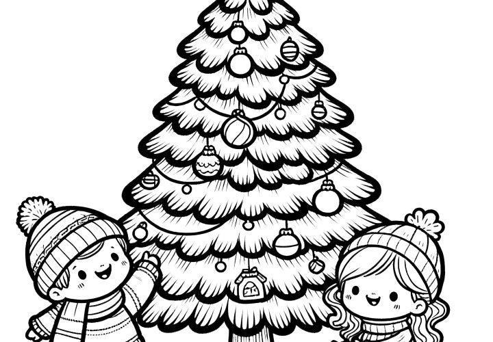 Sapin de Noël avec deux enfants : coloriage gratuit