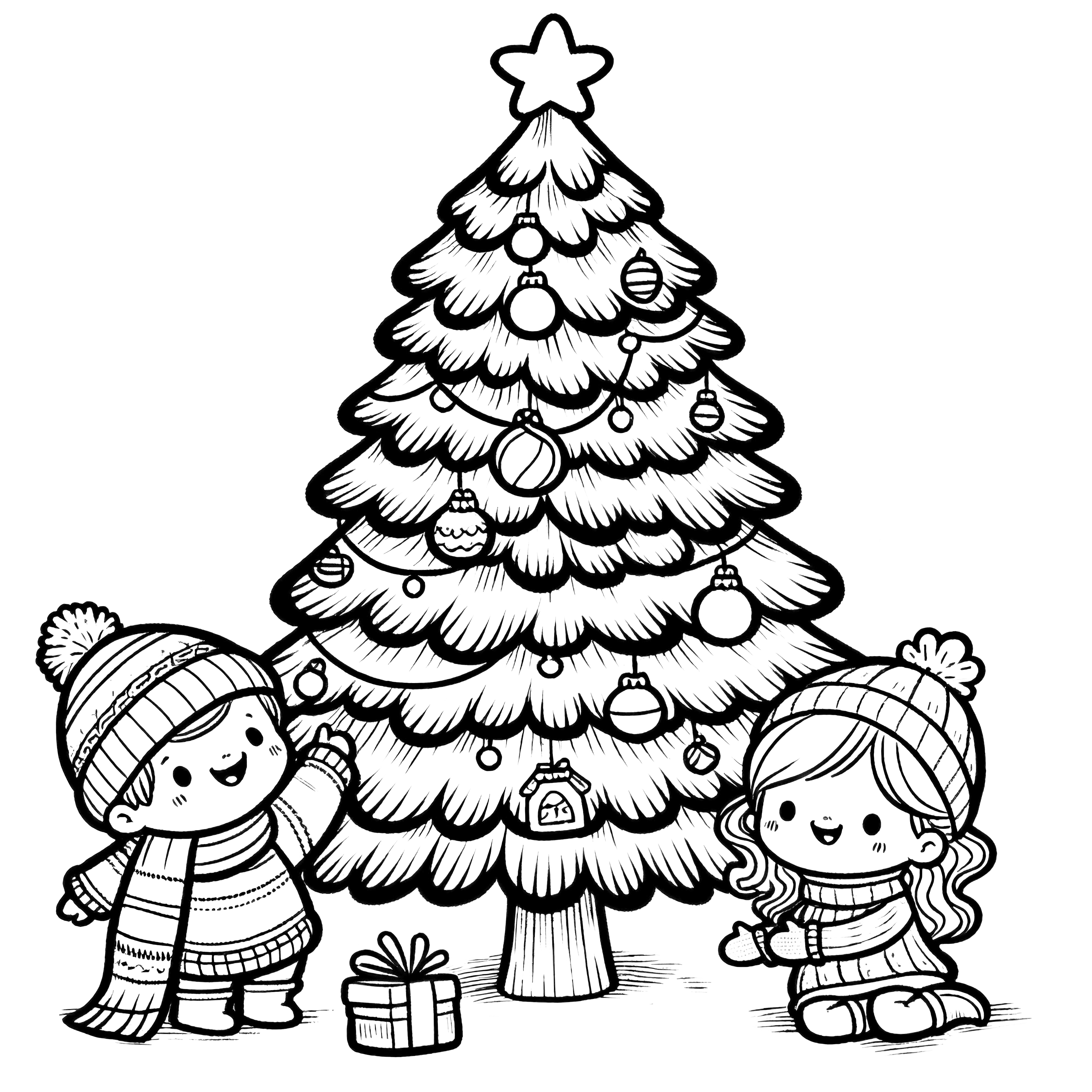 Sapin de Noël avec deux enfants : coloriage gratuit