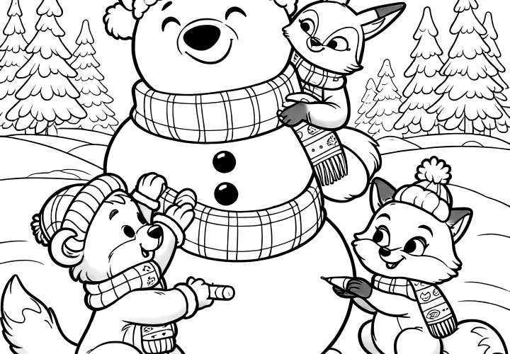 Snow bear in winter landscape (coloring picture)