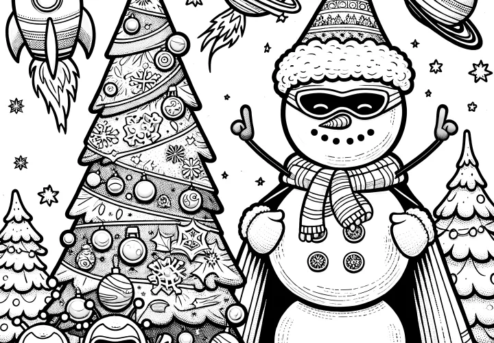 Futuristic snowman with planets & rocket (coloring picture)