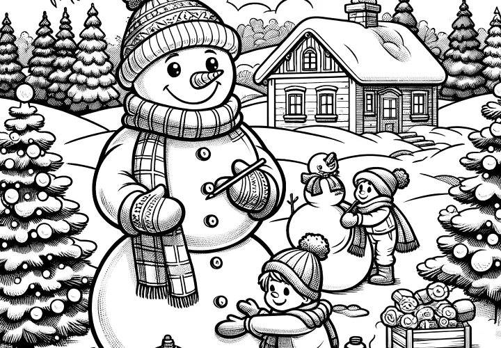 Boneco de neve e crianças a brincar numa paisagem de inverno (imagem para colorir)