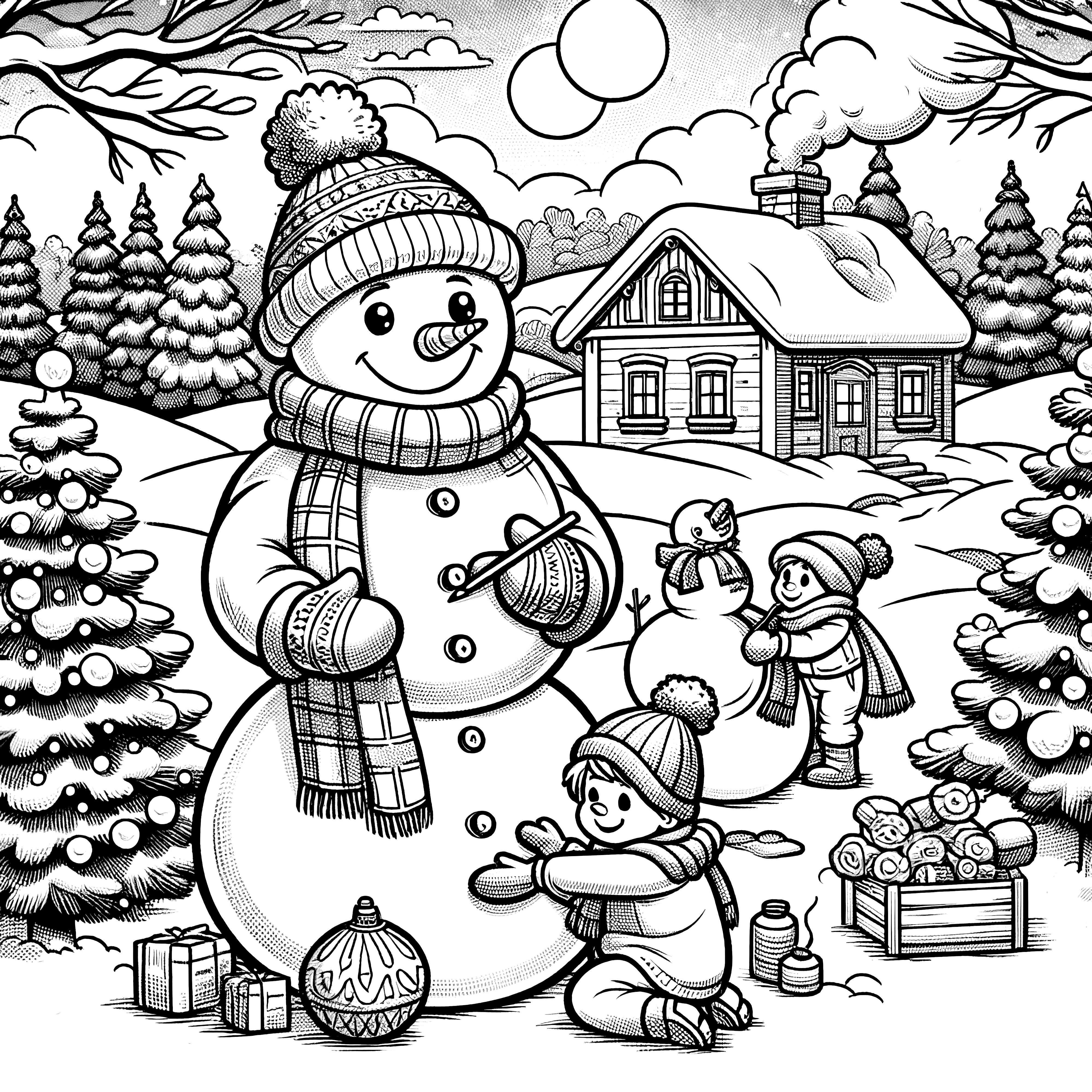 Boneco de neve e crianças a brincar numa paisagem de inverno (imagem para colorir)