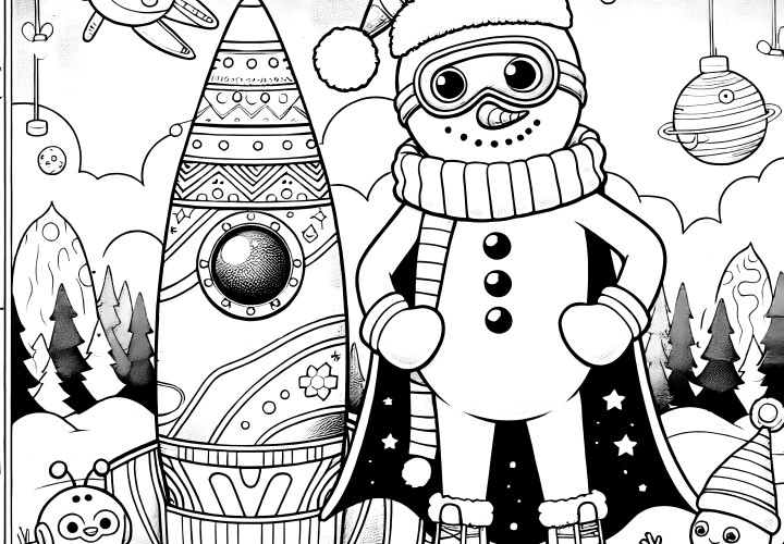 Boneco de neve, foguetão e extraterrestres - imagem engraçada para colorir